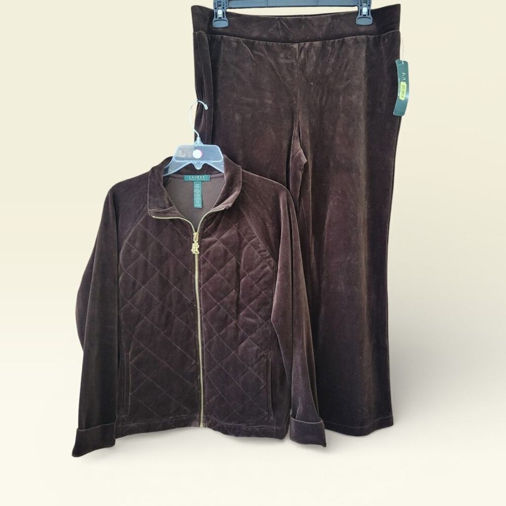 Ralph Lauren NEW Womens Brown Velour Tracksuit Jacket Pants SZ Large Gold Zipper